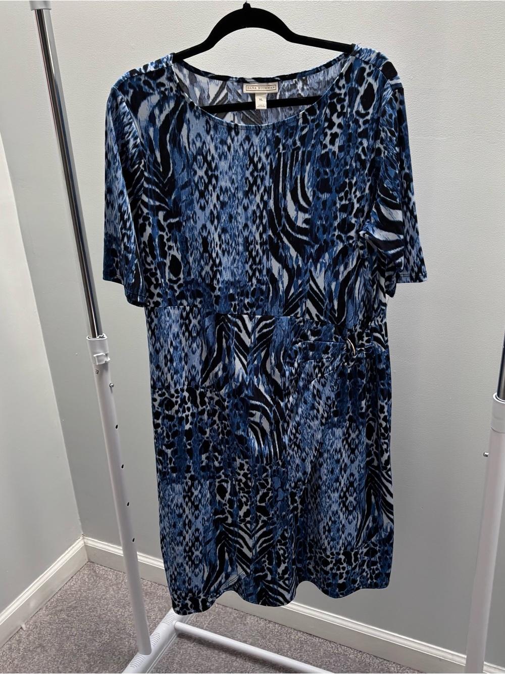 Dana Buchman Blue and Black Animal Print Faux Wrap Dress